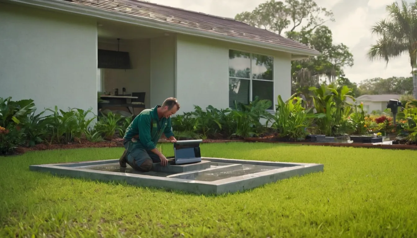 Provider inspecting a septic tank access lid in a Fort Lauderdale backyard while a homeowner looks on